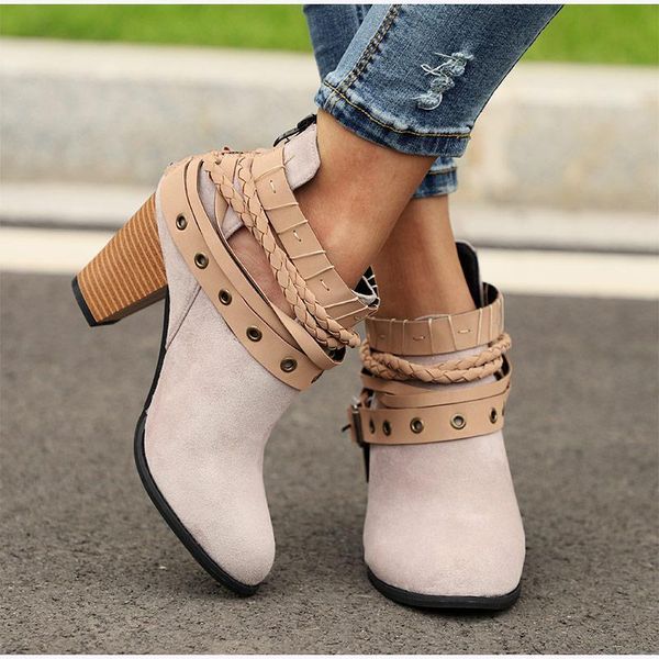 

boots plus size chunky heels buckle ankle, Black