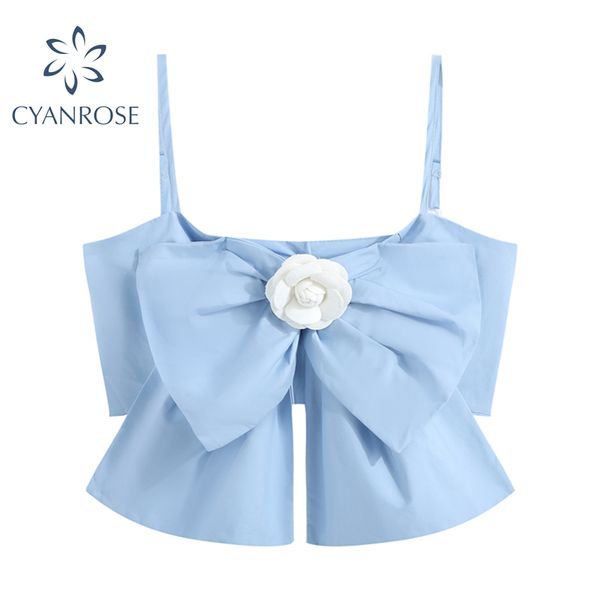 

big bow design blue camisole flower spliced party clubwear tanks elegant wrap camis beach bar streetwear strap 210417, White