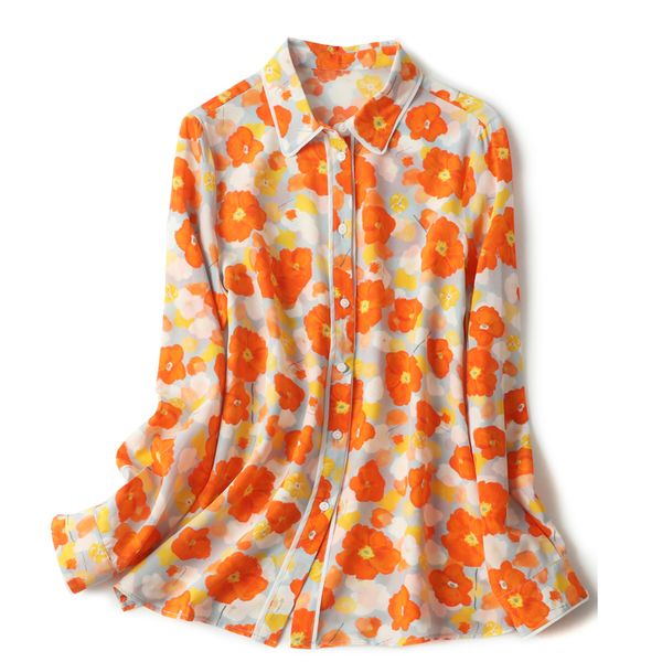 

100% natural silk women's shirt turn down collar long sleeves floral printed elegant high steet blouse, White