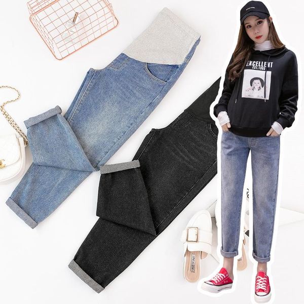 

autumn maternity jeans for pregnant women clothes casual loose adjustable waist denim pregnancy belly trousers bottoms, White
