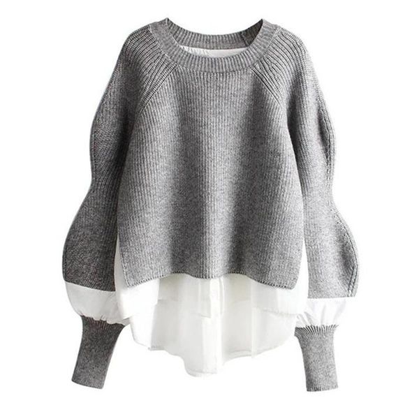 

women's sweaters 2022 spring knit sweater loose large size lazy female casual o neck puff sleeve splicing pullover, White;black