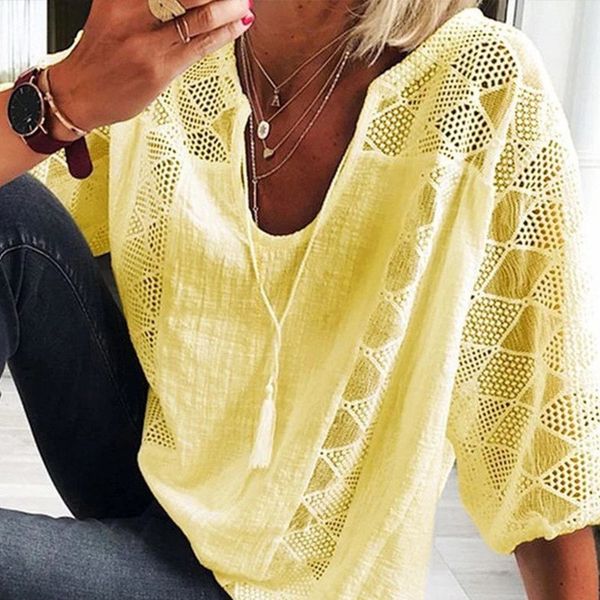 

women's blouses & shirts cotton linen v-neck 3/4 sleeve lace patchwork tassel female blouse summer hollow out comfortable lady top, White