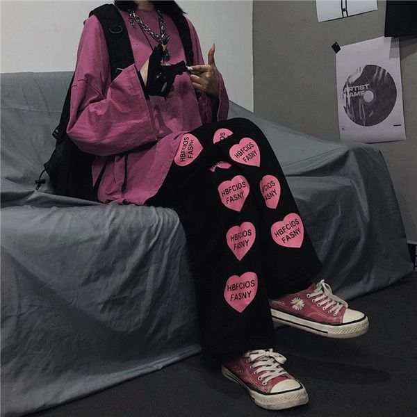 

retro printed wide leg loose women pants plus size casual student trend womens jeans y2k, Black;white