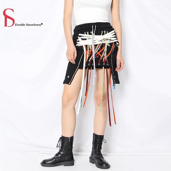 

double strawberry autumn women dark three-dimensional pocket multi-level drawstring color lace irregular skirt skirts, Black