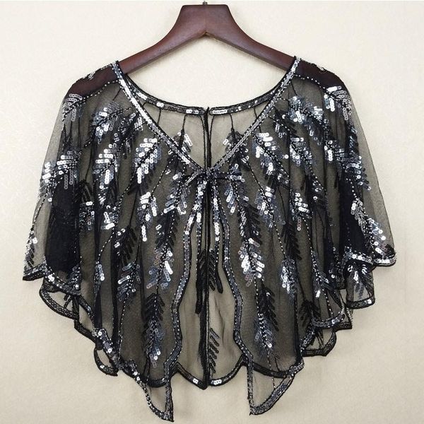 

scarves vintage women shawl 1920s sequin beaded bolero flapper cape evening wrap art deco shrug cover up black/white/red/silver, Blue;gray