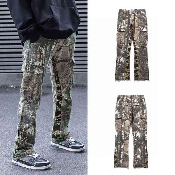 

new camouflage patchwork pants men women couples wide leg jeans high street hip-hop loose fit jeans, Black