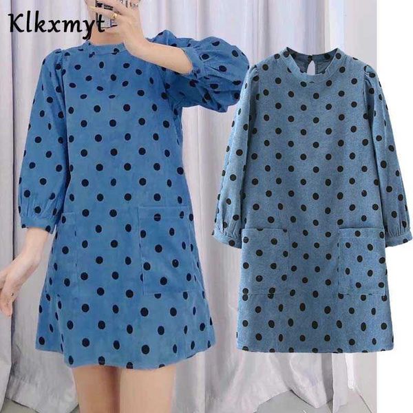 

klkxmyt women chic fashion dot corduroy mini za dress vintage o neck long sleeve pocket female dresses vestidos mujer 210527, Black;gray