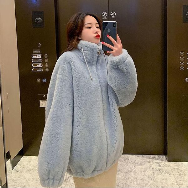 

women's fur & faux 2021 women winter fashion stand collar warm coats female sheep shearing solid loose outwear ladies lamb jackets r761, Black