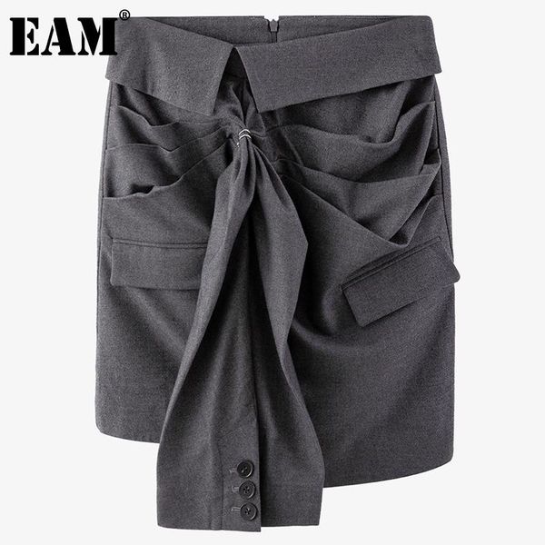 

[eam] high waist gray irregular spliced pleated pocket half-body skirt women fashion tide spring autumn 2021 1dd1433 skirts, Black