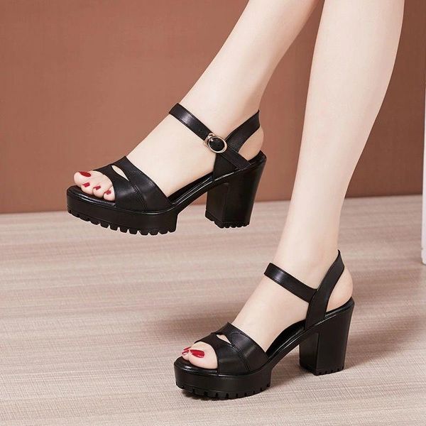 

sandals 2021 summer the high heels all-match women's soft skin fashion waterproof platform dress shoes for women, Black