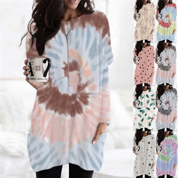 

women's t-shirt autumn tie dye print t-shirt women casual o neck sleeve pocket loose tee shirts harajuku long tshirt ladies streetwear, White