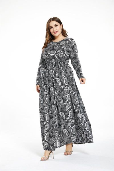 

plus size dresses women slim fit party print dress women's o-neck long sleeve vintage prom maxi with pocket fall clothes 2021, Black