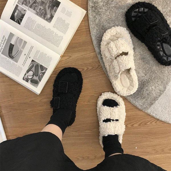 

slippers flock soft women luxury shoes winter footwear fur flip flops pantofle comfort designer plush flat 2021 massage rome wit, Black