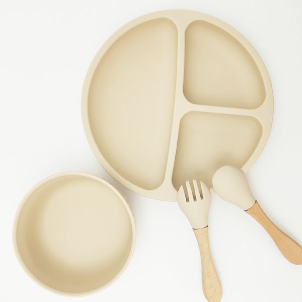

baby feeding set food grade silicone dishes infant plate non-silp suction bowl kids tableware spoon fork 4pcs/set 4628 q2