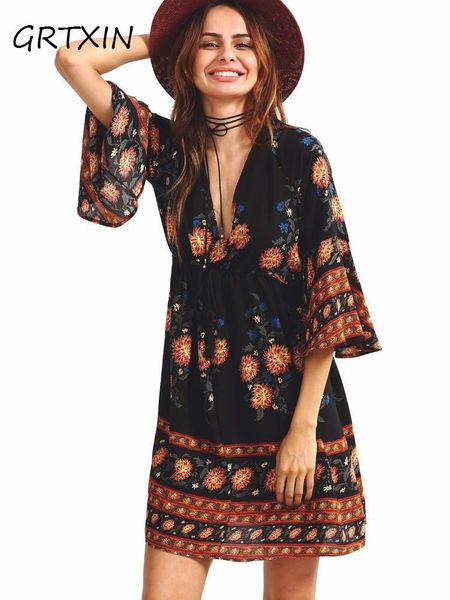 

casual dresses summer women dress print long sleeve vintage deep v-neck mini loose autumn feminino vestidos, Black;gray