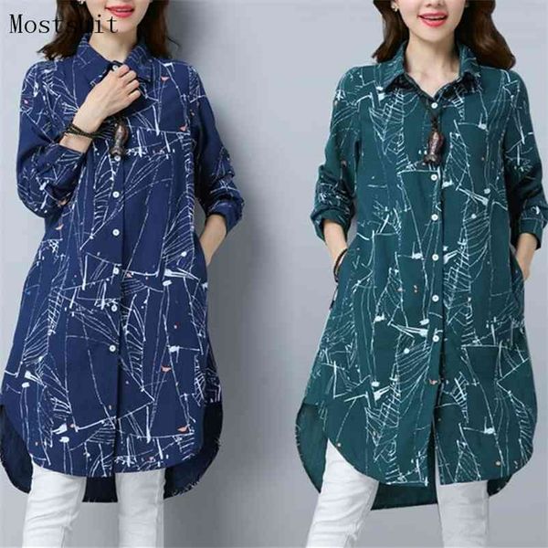 Plus Size Kimono Blusa Túnica 3D Impresso Longa Blusas Femininas Primavera Autumn Sleeve Algodão Camisa de Linho Tops Mujer 210514