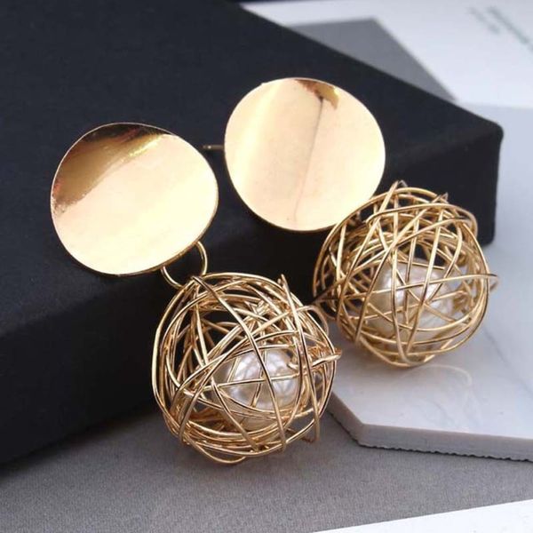 

earrings geometric simple woven ball pearl earrings metal accessories female korean fashion, Golden