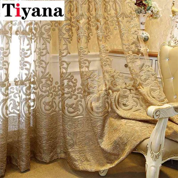 Europeu luxo bordado cortina oca para sala de estar Tecido Elgent para quarto francês janelas cheia top cortina drape y 210913