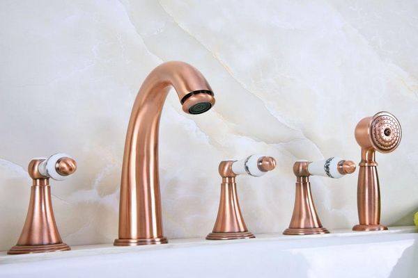 

bathroom sink faucets antique red copper brass widespread deck-mounted tub 5 holes three handles basin faucet tap hand spray mtf208