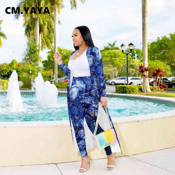 

cm.yaya street fake jeans womens pants print set long open stitch legging tracksuit two piece fitness outfit, White