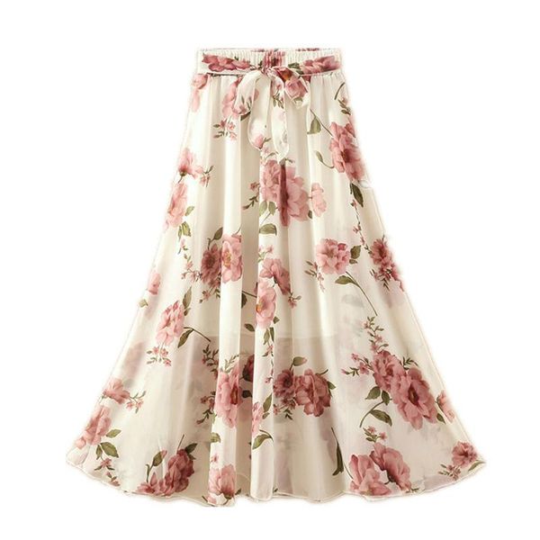 

skirts summer long women elegant casual chiffon plus size skirt high waist floral print streetwear maxi ladies beach, Black