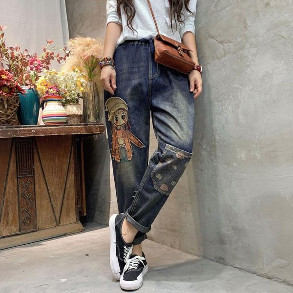 

women's jeans vintage high waist embroidery little girl fashion women autumn loose streetwear big pocket casual denim female harem pant, Blue
