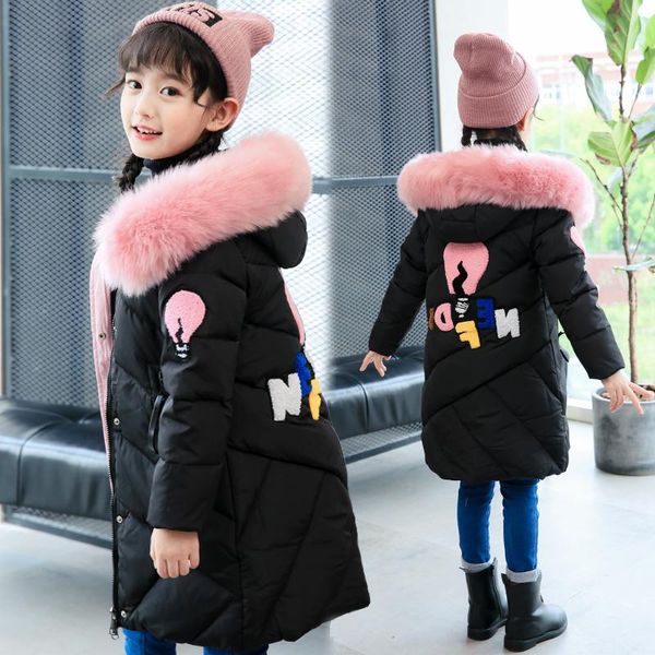 

coat russian winter 4-13 years girls kids outwear hooded long down warmth fur collar cartoon embroidered letters, Blue;gray