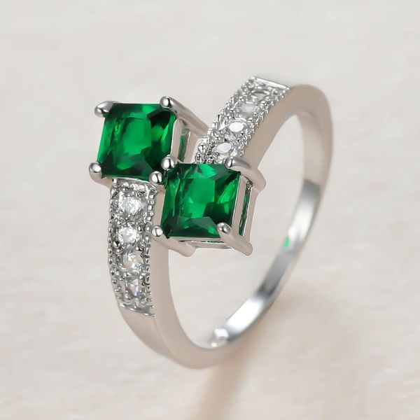 

vintage female green crystal thin ring charm silver color wedding rings for women dainty bride square zircon engagement, Slivery;golden