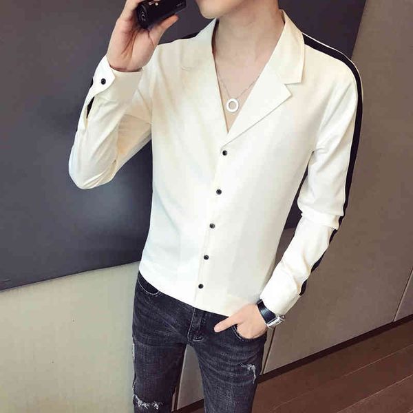 

men's casual shirts primavera nova turn down collar manga longa camisas casuais para roupas masculinas simples fino ajuste retalhos cor, White;black