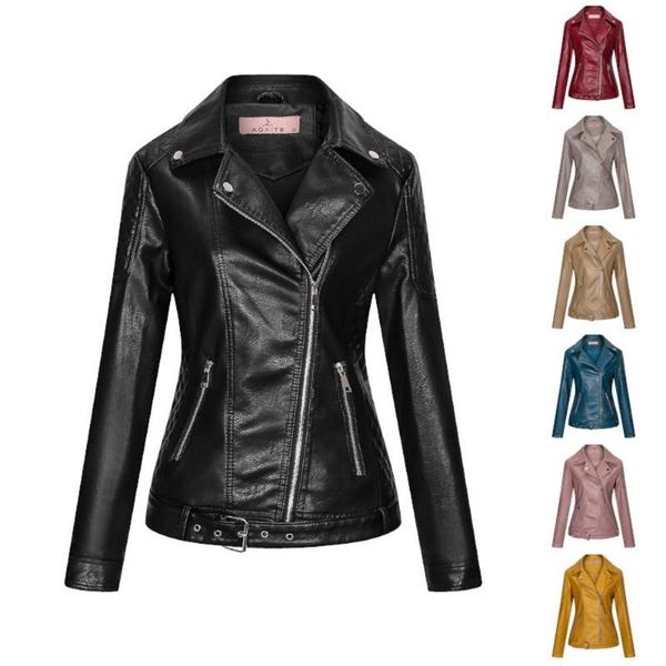 

women's leather & faux 2021 autumn winter women jacket with zipper ladies solid biker coat female punk style casual outwear, Black