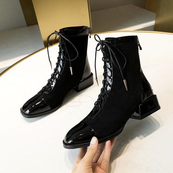 

boots women ankle autumn winter low heels shoes woman cross-tied patchwork genuine leather punk motorcycle, Black