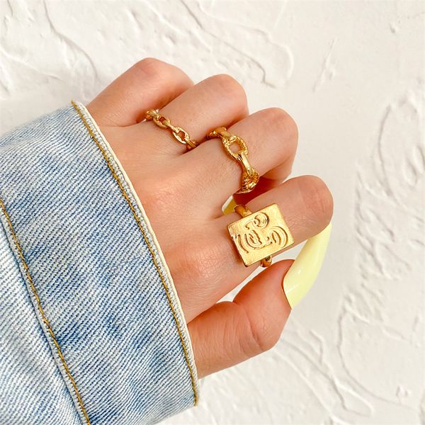 

2021 punk gold heavy metal chain alloy ring set for women vintage geometric square metal knuckle ring knuckle jewelry gift, Golden;silver