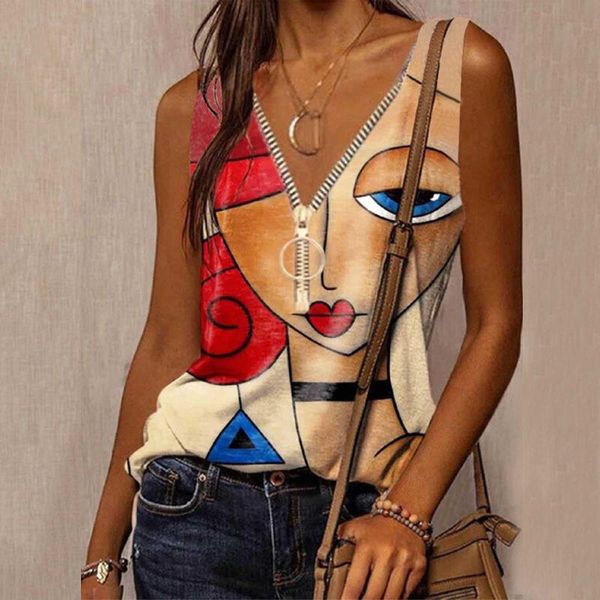 

women's blouses & shirts zipper abstract prints blouse summerÂ sleeveless v-neck tank casual pulloverÂ loose tee female blusa 20, White