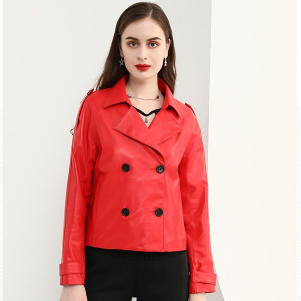 

women's leather & faux luhayesa women suit collar double breasted red genuine jacket slim short autumn spring natural sheepskin clothes, Black