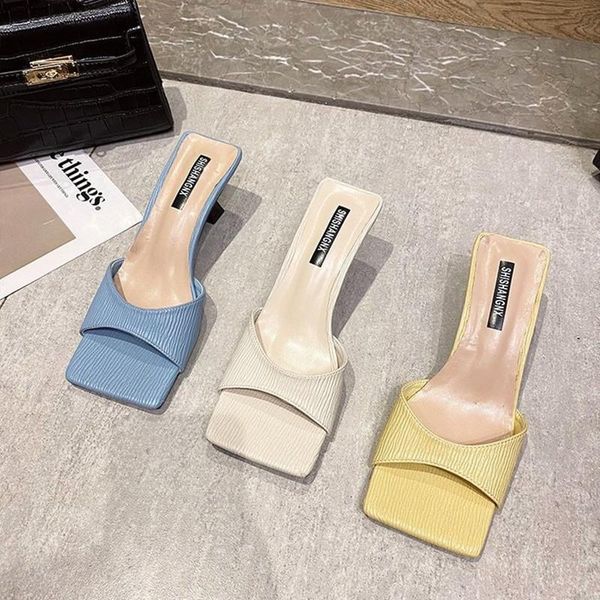 

slippers sandals and women 2021 summer fashion square head lazy high-heeled flip-flop ins half-drag women's shoes, Black