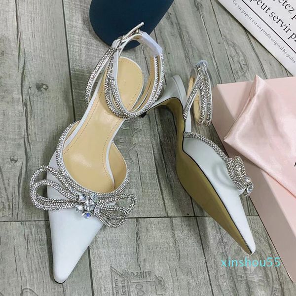 

designers dress shoe evening slingback satin bow pumps 6.5cm crystal-embellishments rhinestone shoes spool heels sandals for women, Black