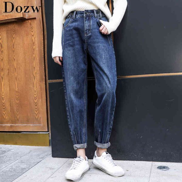 

solid long length loose jeans women high waist button casual mom jeans pockets washed denim harem pants fashion jeansy damskie 210414, Blue