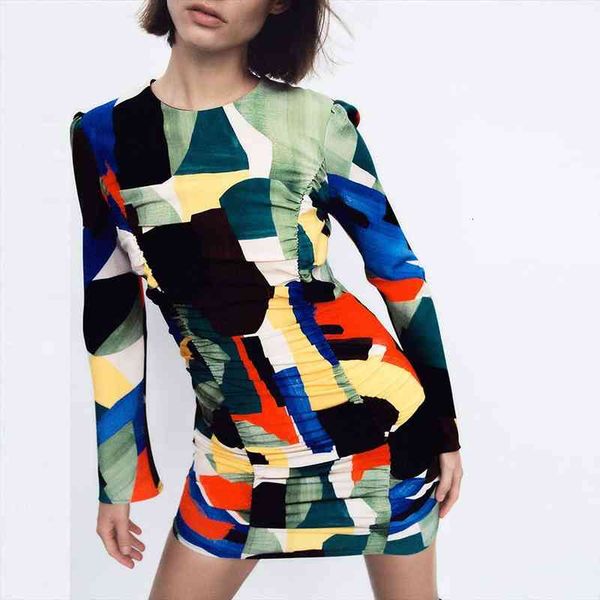 

za printed dress women long sleeve slim dresses female chic colorful patchwork draped mini club party vestidos, Black;gray