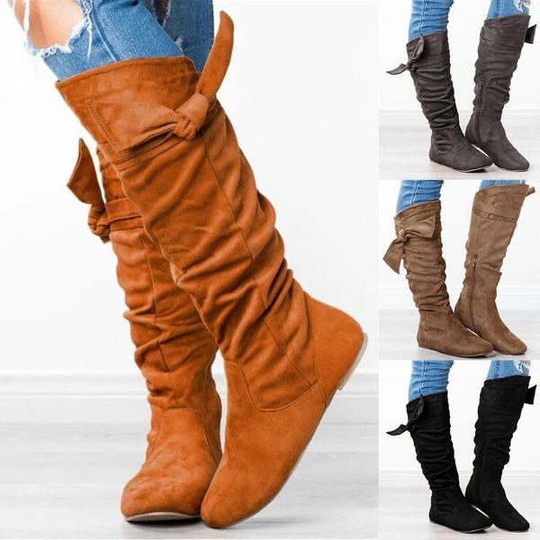 

boots winter women knee-high long boot round toe ladies fashion casual beautiful zipper knotted leisure flat shoes 2021, Black