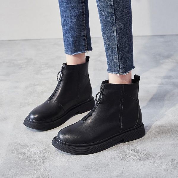 

boots front zipper short women 2021 velvet british style flat fashion women's combat for, Black