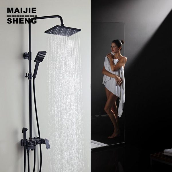

maijiesheng black retro shower set brass bathtub faucet square tube single handle rain with slide bidet bathroom sets