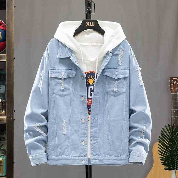 

2020 new men' hole fashion denim slim fit jacket, Light blue