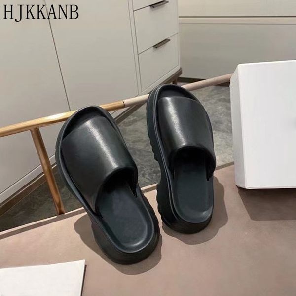 

75% off factory outlet sale black beach shoes women solid color platform slippers open toe slides real leather comfortable flat thick bottom