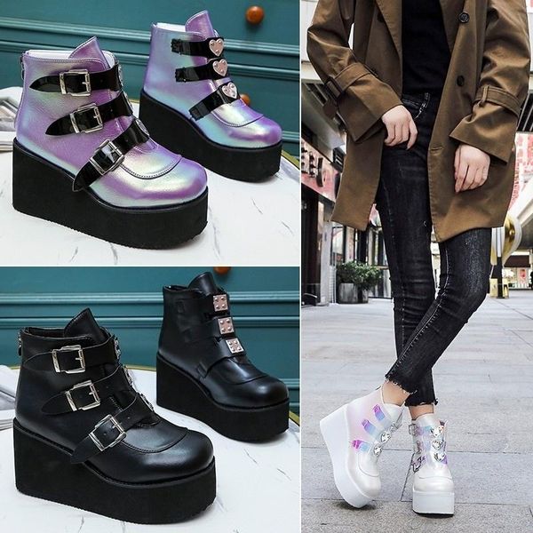 

boots 2021 autumn and winter high heel muffin bottom slope women's belt buckle super, Black