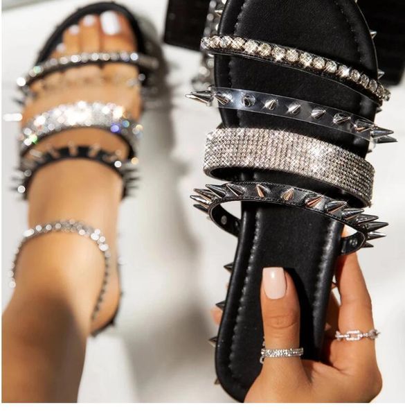 

shoes women rivet sandals line style ladies falt crystal bling slippers flats summer cool beach, Black