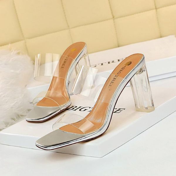 

fashion transparent hollow word with thick heel high sandals square toe open summer and slippers women shoes, Black