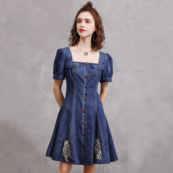 

party dresses cute cat embroidery mini denim dress summer women vintage square collar puff sleeve high waist a line short vestidos mujer, White;black