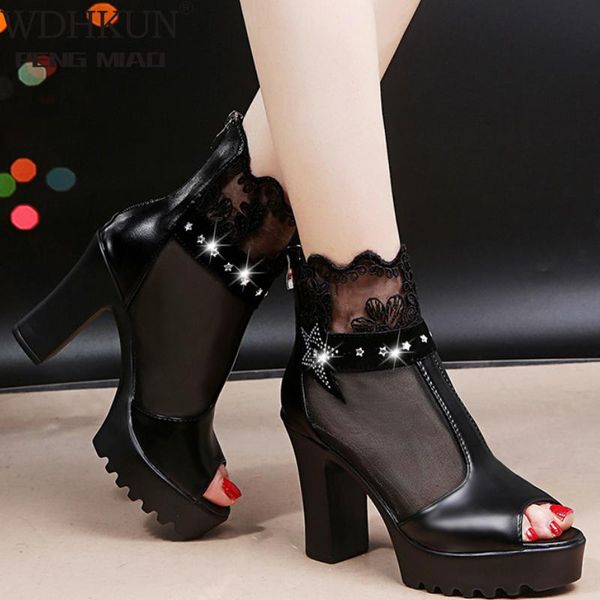 

sandals women air mesh summer square high heel platform peep toe breathable wedding dress female ladies shoes zapatos de mujer, Black