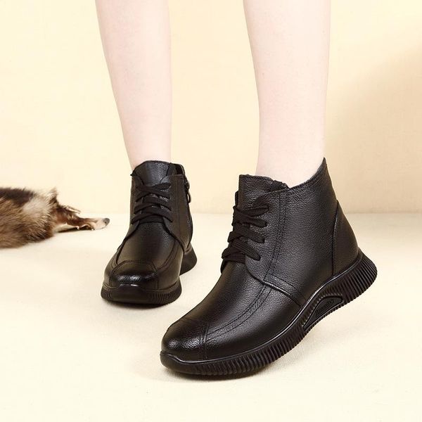 

boots winter women's fashion round toe flat lace up botas de nieve planas moda para mujer plus velvet shoes h12-03, Black
