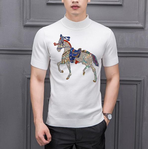 

winter men sweater short design sweaters short sleeve casual fashion rhinestones horse pattern b08, White;black